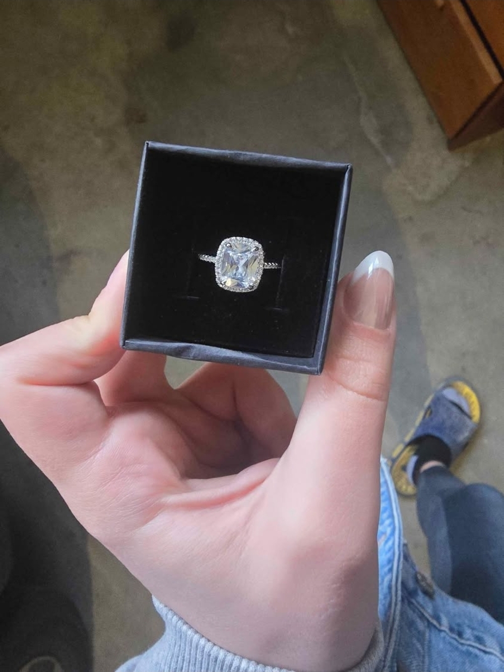 Silver Halo Cushion-Cut Solitaire Ring - White